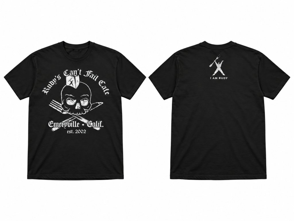 Rudy's Can't Fail Cafe black T-shirt, front and back design